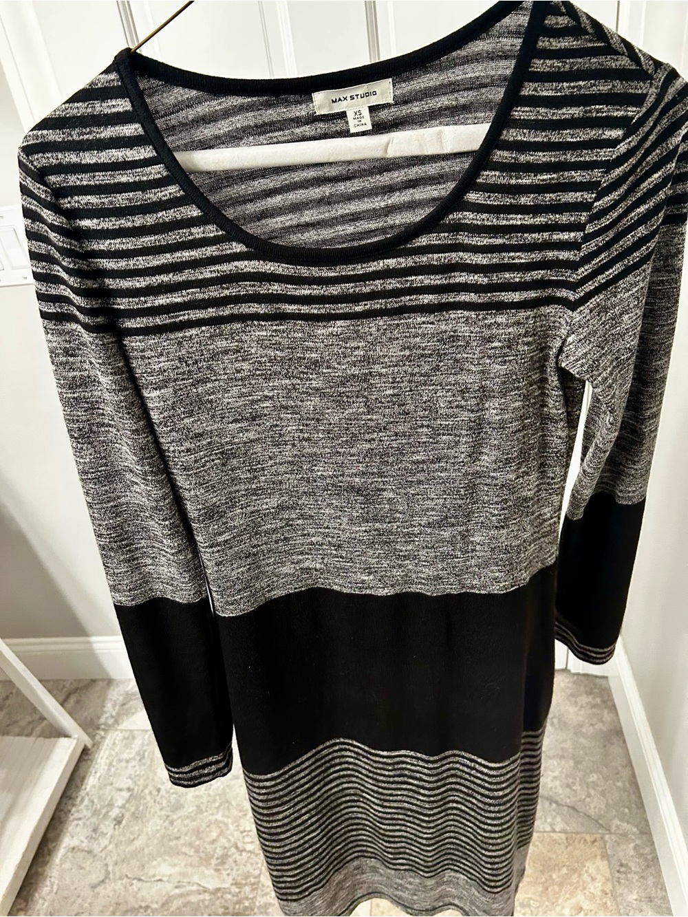 Max Studio Black and Gray Striped Long Sleeve Knit Dress
